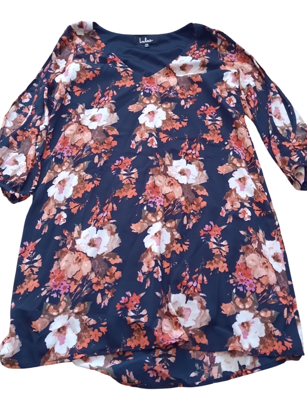 Lulu's Navy Floral V-Neck Tunic Dress with White & Brown Blooms
